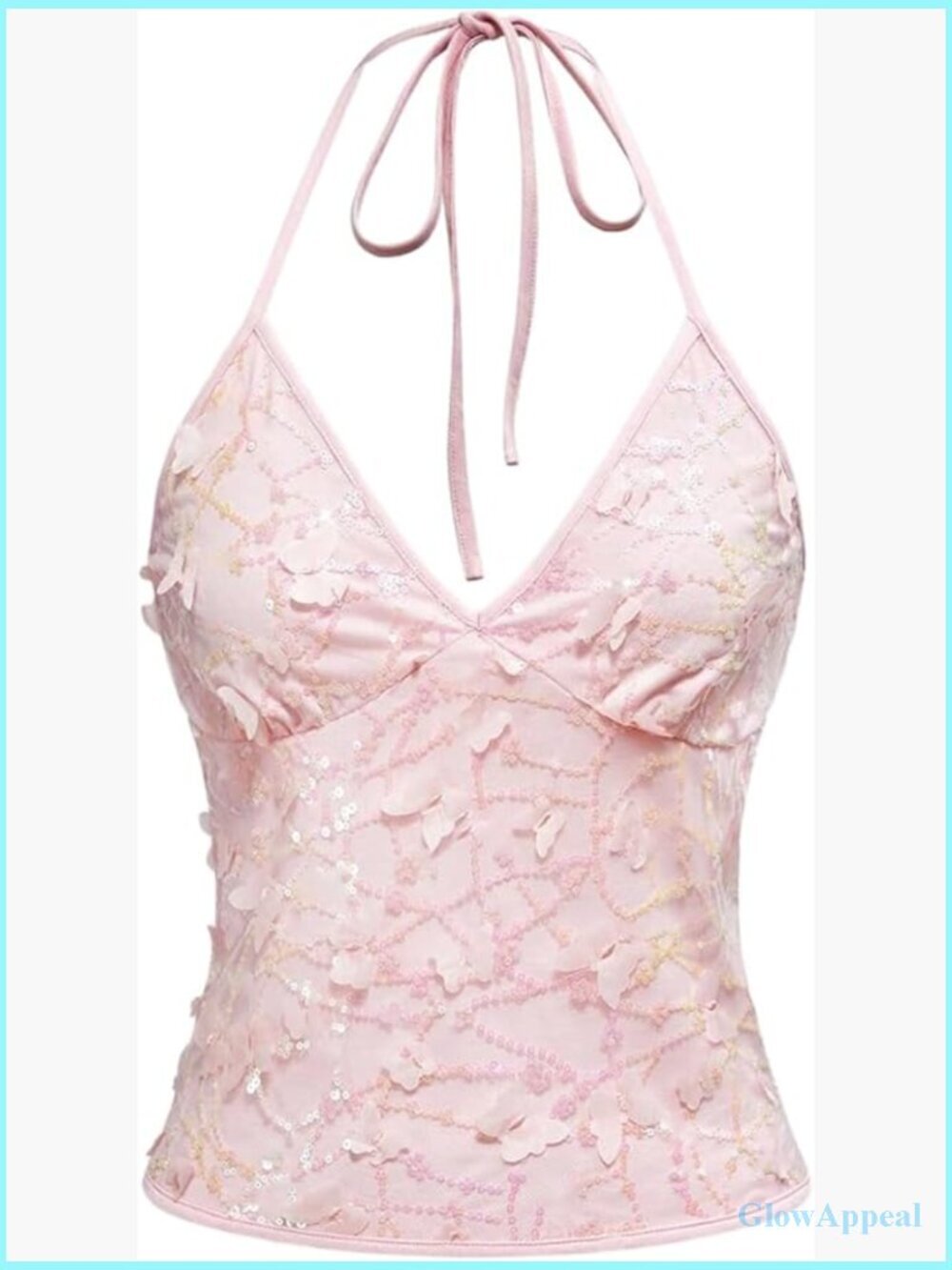Sequin Halter Crop Top with 3D Butterfly Glitter Y2K Party Club